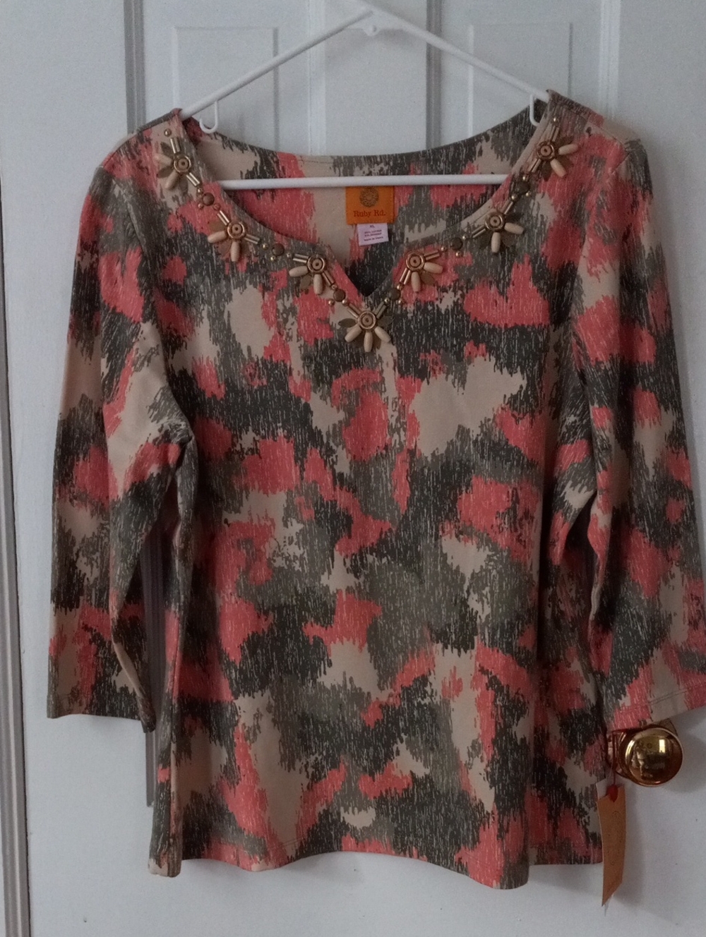 Ruby Rd. Coral & Olive Embellished V-Neck Long Sleeve Top